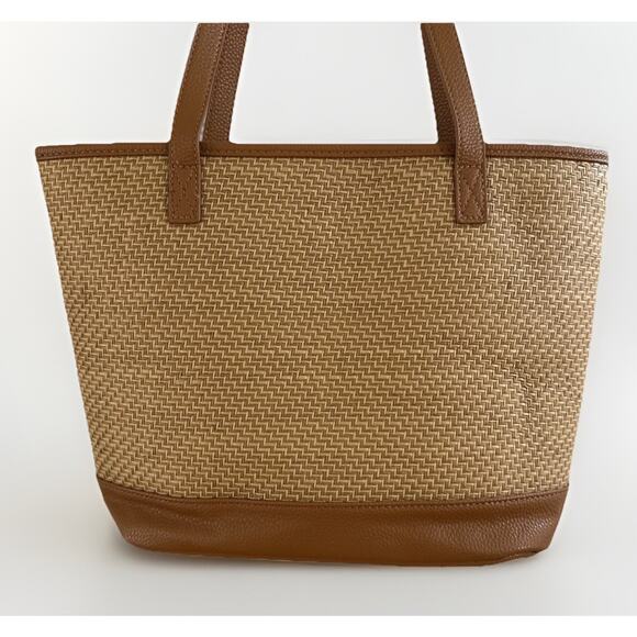 Thirty-One Dream Big Woven Straw Pattern with Navy Blue Panel Tote Bag 16x11x5 - Picture 3 of 6